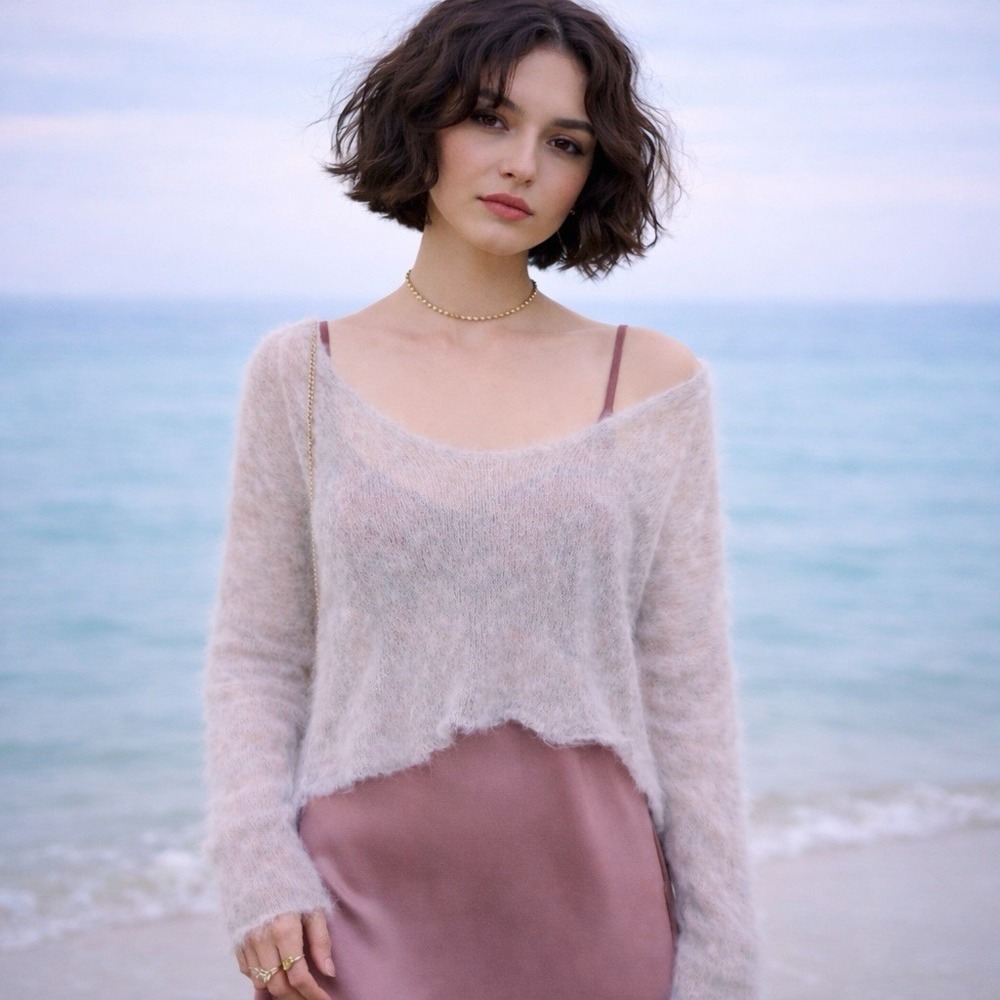 Rag & Bone Vintage Y2K Asymmetrical Cropped Sheer Alpaca Blend Fuzzy Sweater